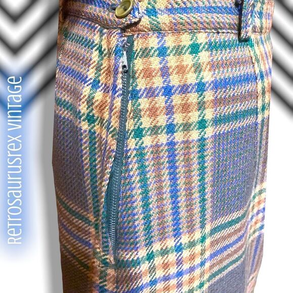 VINTAGE Twee Pinup 1950’s Tweed Blue Tan Plaid Wool A Line Pencil Skirt, Medium - Picture 4 of 5